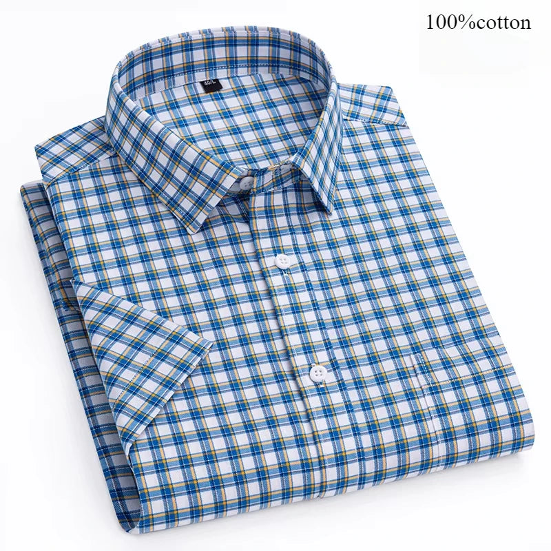 New in shirt hight qulity100%cotton summer short sleeve shirts for men slim fit shirt thin plaid houndstooth soft office clothes