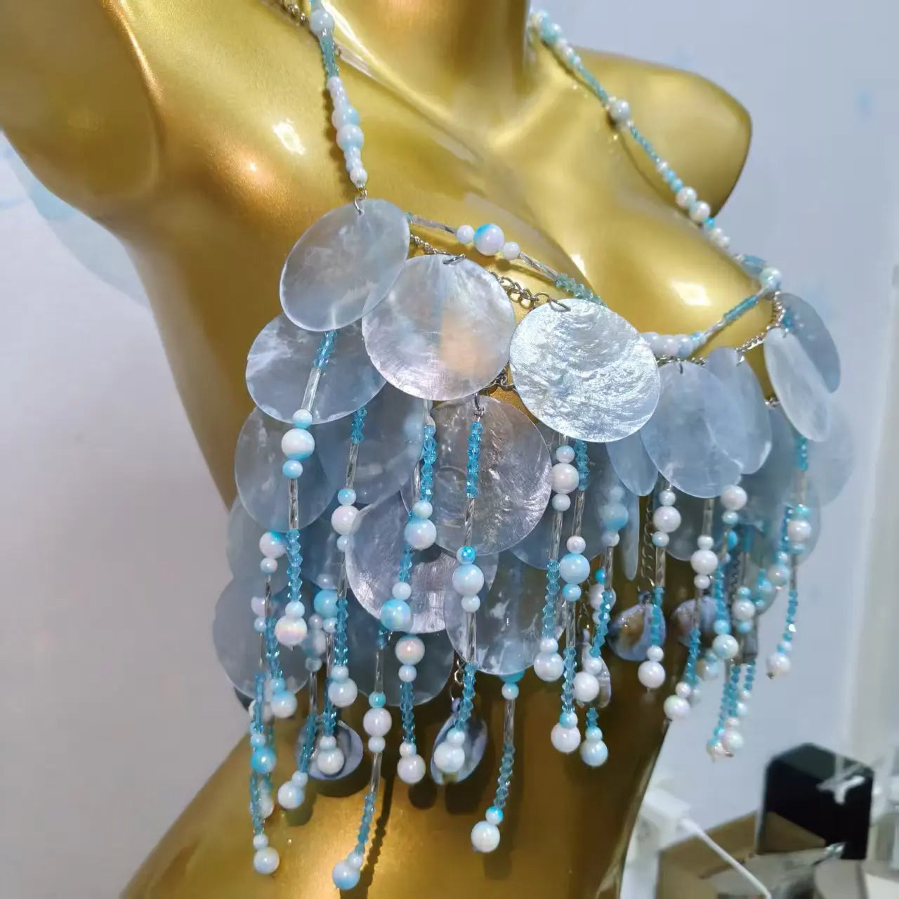 Handmade Sparkly Bohemian Mermaid Shell Beaded Halter Top Women Summer Beach Party Vacation Rave Outfit Sequins Beaded Bra Tops