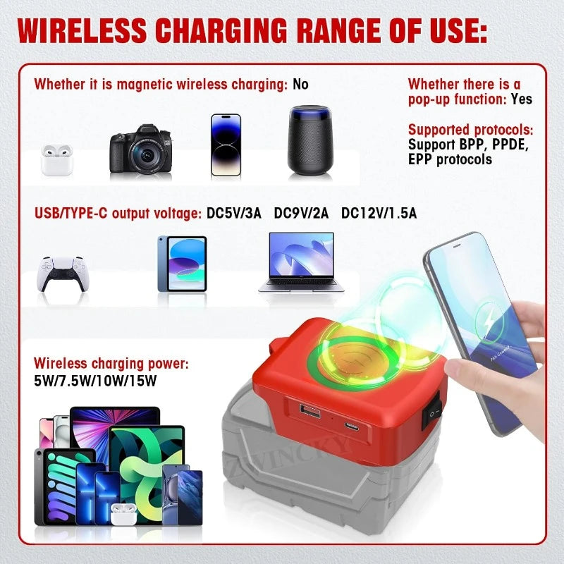 Wireless Charger Adapter for Milwaukee 18V Battery 15W Wireless Charging Adapter for Cell Phone with USB USB-C 2.1A Fast Charge