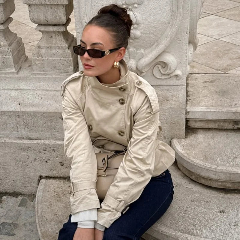 Fashion Women's Short Belt Jackets Long Sleeve Stand Collar Double Breasted Female Coat 2025 Autumn Lady Solid Outwear