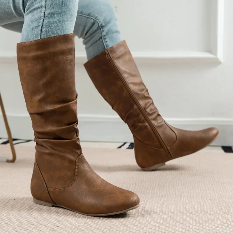 Ladies Shoes 2025 Brand Mid-Calf Women's Boots Fashion Pleated Modern Boots Women Winter Plus Size Best Seller Shoes for Women