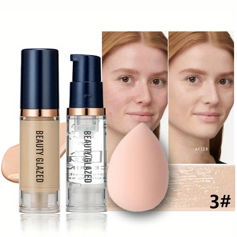 BEAUTY GLAZED 3Pcs Face Makeup Set, Matte Long Lasting Waterproof Liquid Foundation+Primer+Puff