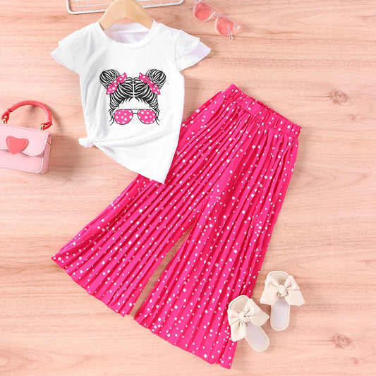 Cartoon Avatar with Short Sleeves and Wide Leg Pants 2pcs Set 2-7 Years Old Baby Girl's Casual Clothing Set Summer