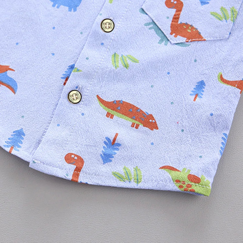 2PCS Children's Summer Full Print Cartoon Little Dinosaur Standing Collar Shirt and Shorts Set