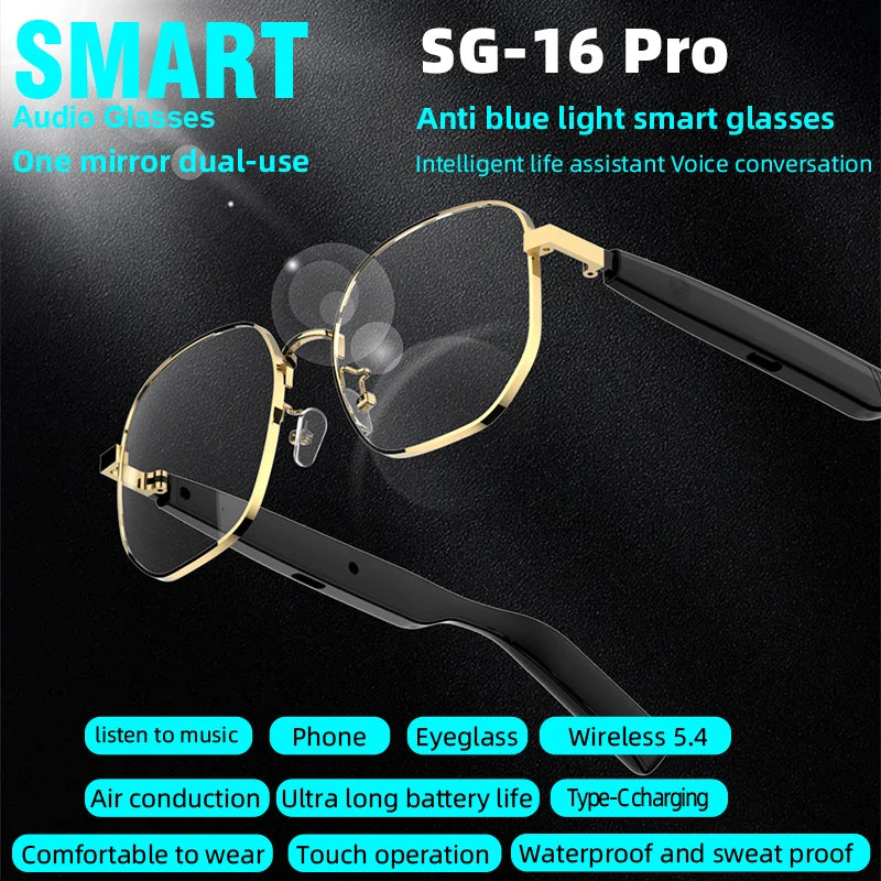 SG-16Pro New Trendy Smart Glasses Anti Blue Light Gold frame Sunglasses Music Stereo For Jogging Workouts SG16 PRO