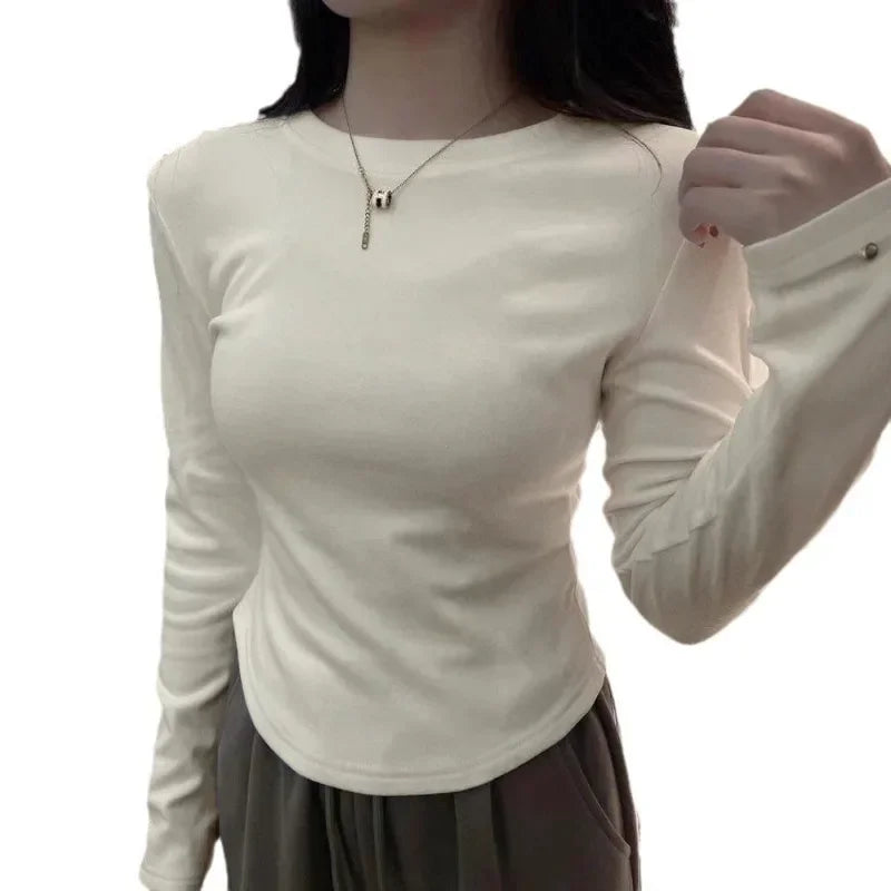 Women's Long Sleeve T-shirt Winter Brushed Slimming Short TeesShoulders Pure Desire Aesthetic Fitted Waist Base Layer Top Shirt