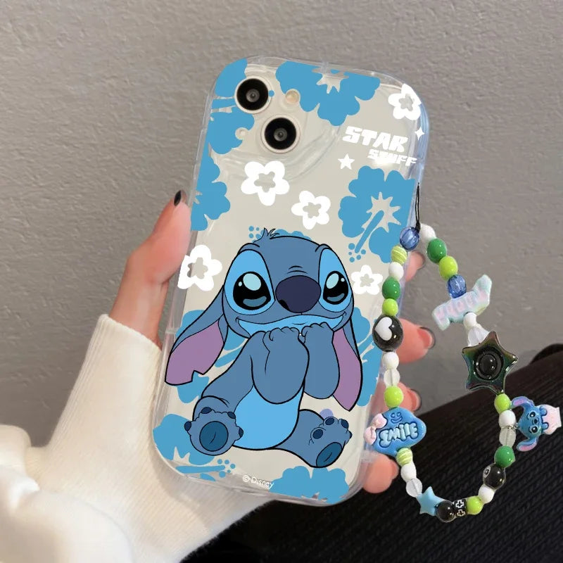 Cartoon Cute Stitch Wrist Strap Lanyard Case For iPhone 16 11 15 12 Pro Max 13 Mini 14 Plus 16e 7 8 Plus XR SE Shockproof Cover