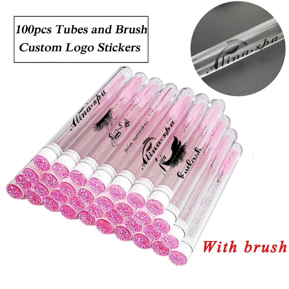 Customized Logo sticker 100pcs Eyebrow Brush Tube Reusable Eyelash Brush Tube Dust-Proof Mascara Sticks Applicators Makeup Brush