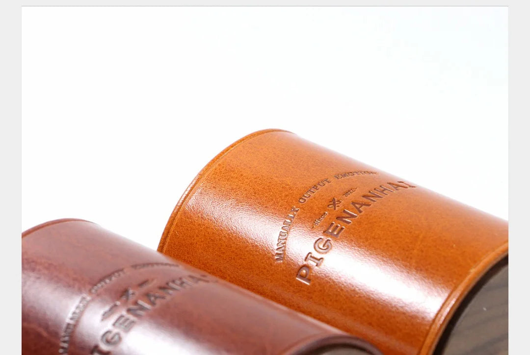 High End Handmade Genuine Leather Solid Wood Pen Holder Cowhide Office Stationery Storage Pen Holder Desk Organizer Holder