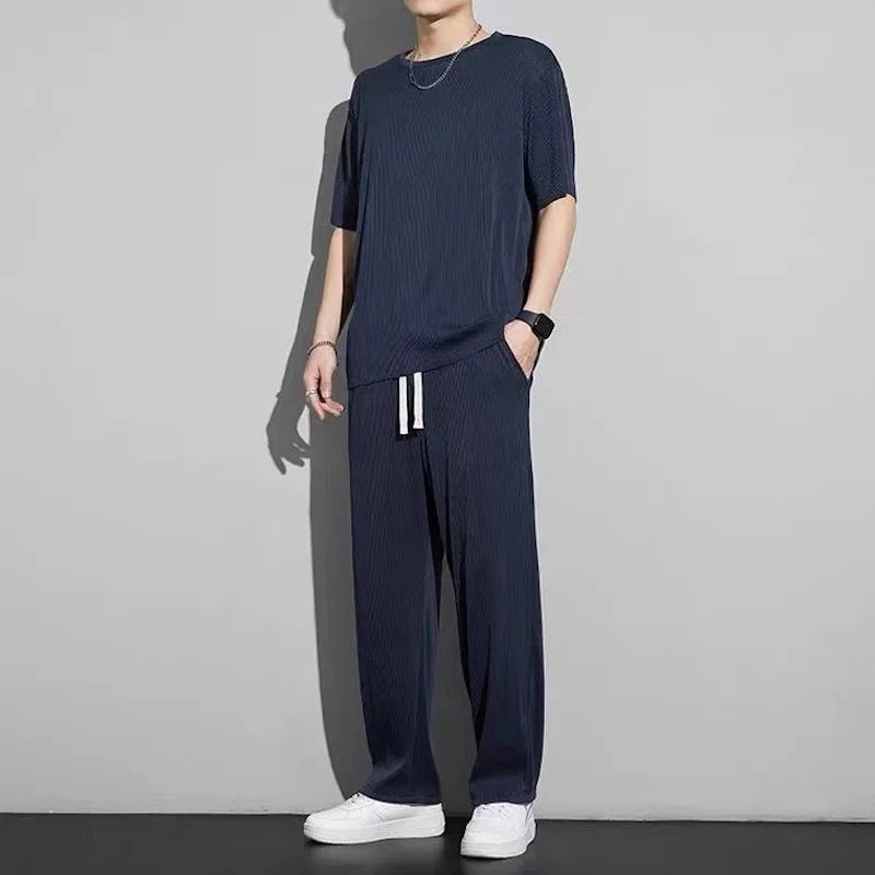 Men's Wrinkled Ice Silk Sports Set 2024 Summer New Short sleeved Long Pants Two piece Set Fashionable, Breathable, and Cool 3