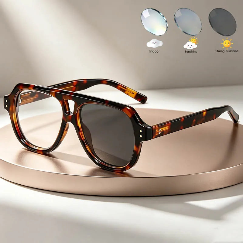 Pilot Dual Bridge Photochromic Reading Glasses Men Women Trendy Designer Prescription Optical Eyewear Customized Sunshade Lenses