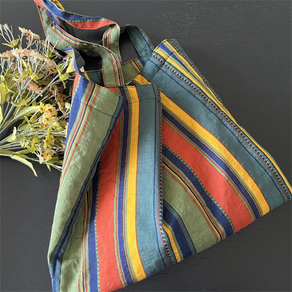 Retro Women's Canvas Shoulder Bag Rainbow Striped Linen Shopping Bag Eco Large Capacity Handbag Tote for Girls Christmas Gifts