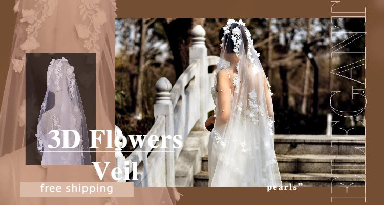 TOPQUEEN V52 3D Flowers Wedding Veil with Pearls  Bridal Veils Long Train Bridal Shower Veu Of Bride 3 Meter  Veu de Noiva
