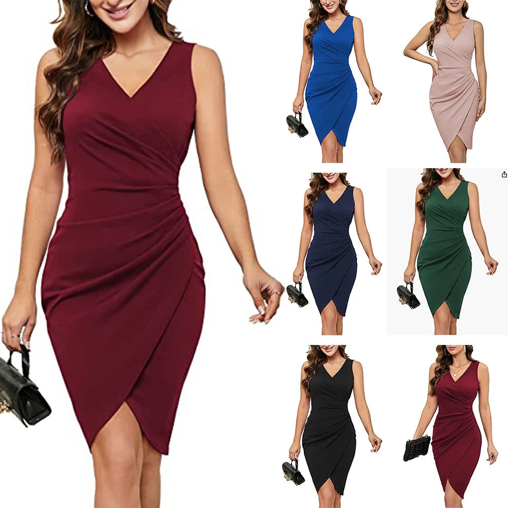 Sexy V Neck Sleeveless Irregular Hem Bodycon Dress for Women 2023 Solid Commuter Elegant Cocktail Evening Party Dresses Vestidos