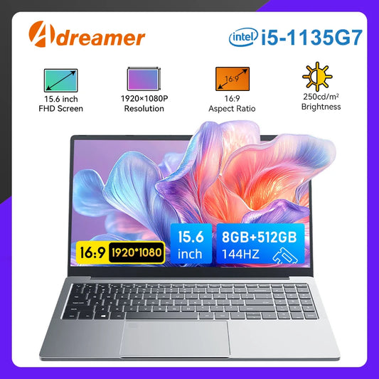 Adreamer 15.6 Inch Laptop Intel Core i5 1135G7 Portable Notebook 8/16/32GB RAM 256/512/1024 SSD Office PC - German Keyboard