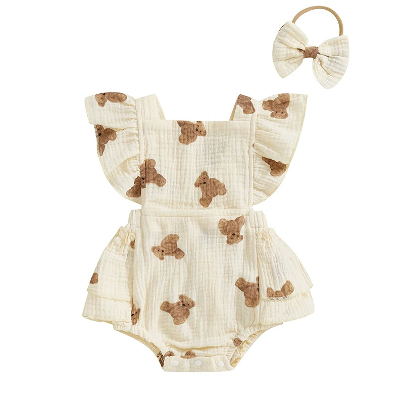 0-18M Newborn Baby Girl Bodysuits Cartoon Bear Pattern Ruffled Flying Sleeve Romper with Bow Headband Set Summer Infant Outfits