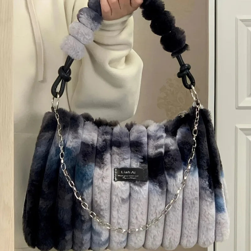 Women's Large Plush Tote Bag with Crossbody/Handheld Carry Soft Striped Plush Exterior Cozy Handbag for, Travel, Everyday Use