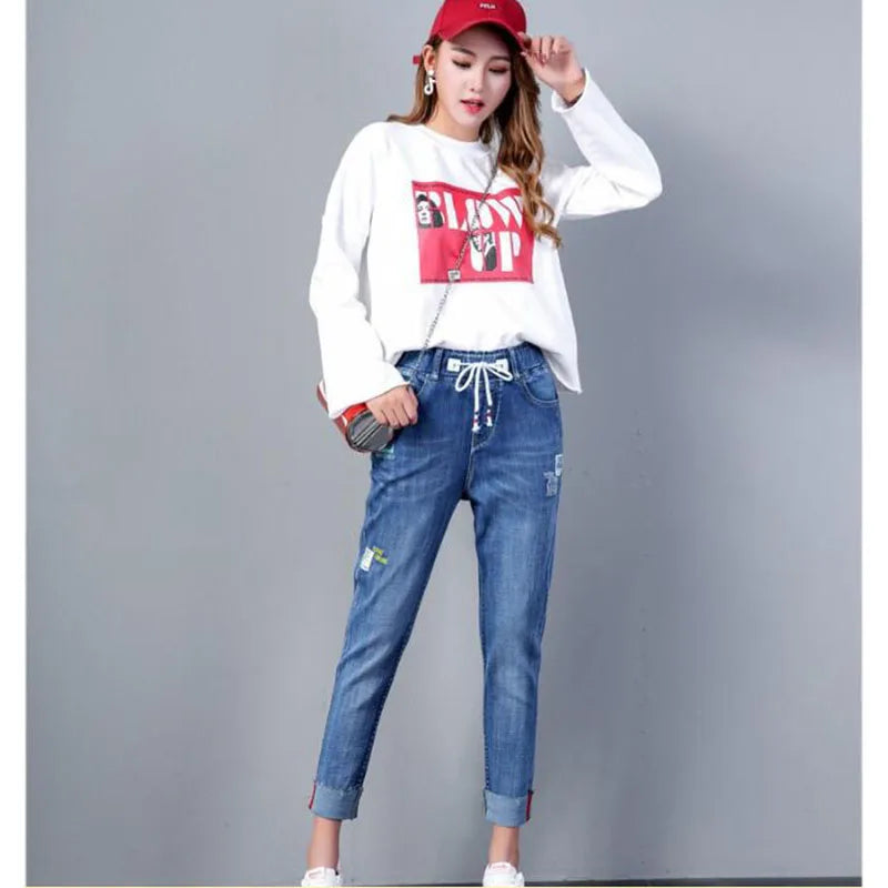 Denim Pants Korean 2024 New Spring And Summer Loose Elastic High Waist Elastic Slim Students Nine Plus Size Harlan Jeans