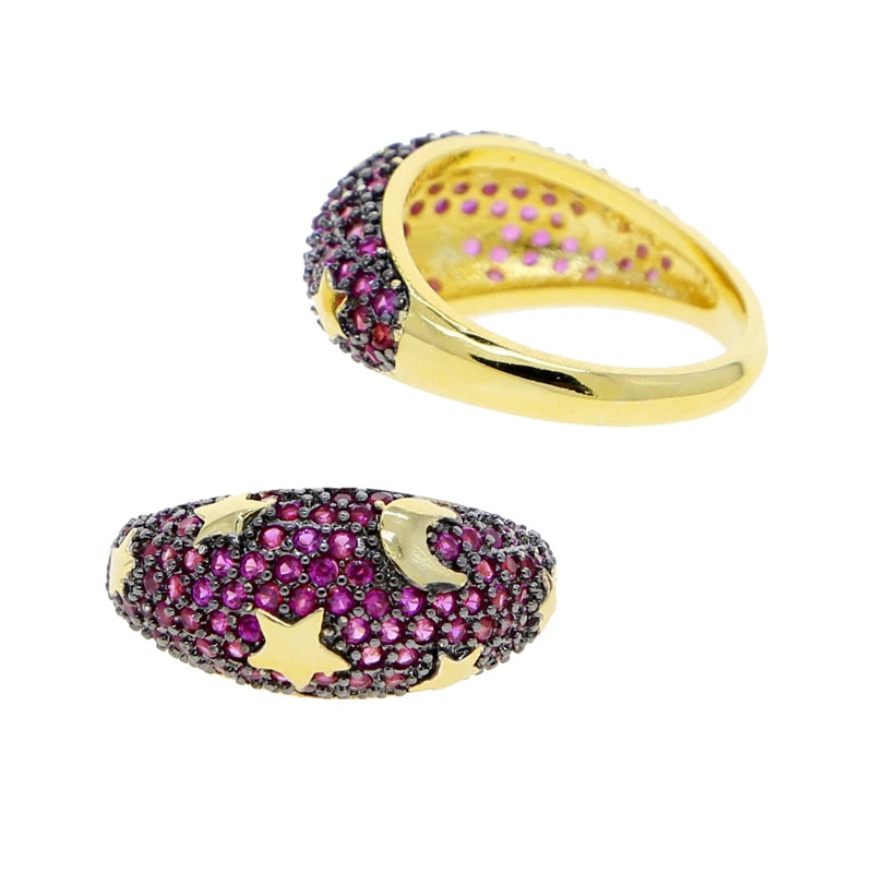 2025 Gold Color Rainbow Fashion Bling Moon Star Ring For Women Men Hip Hop Iced Out Paved Colorful Neon Enamel Luxury Jewelry