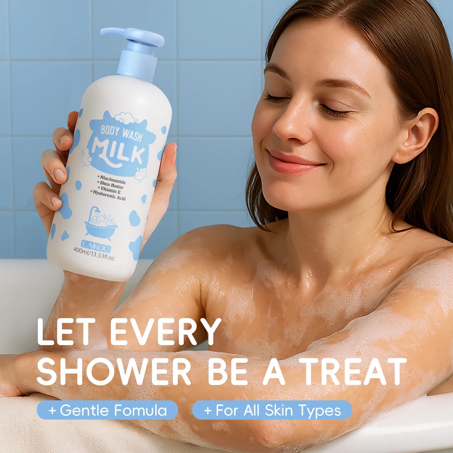 LAIKOU 400ml Milk Body Wash, Gentle Cleansing Long Lasting Moisturizing Milk Fragrance Shower Gel With Niacinamide & Shea Butter