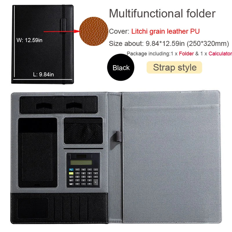 A4 Leather Padfolio Portfolio File Folder Man Document Holder Desk Organizer Executive Folders Calculator Briefcase for Office