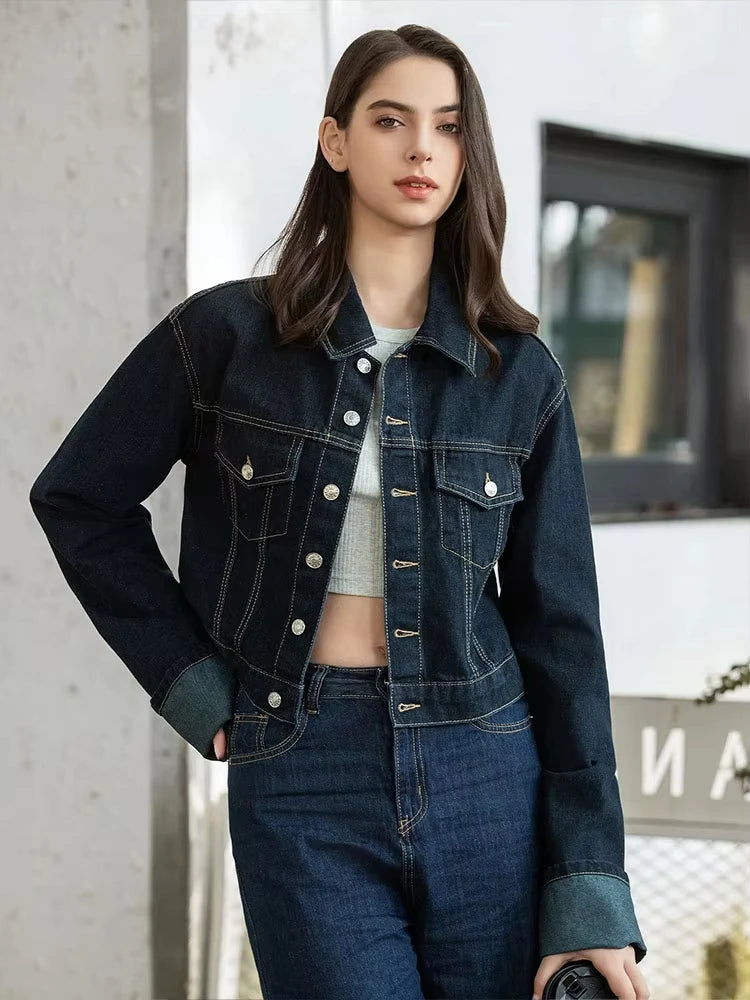 HH Women Fashion Denim Set Casual Lapel Long Sleeve Crop Jacket Buttons Female Vintage Wide Leg Loose Jeans Long Pants
