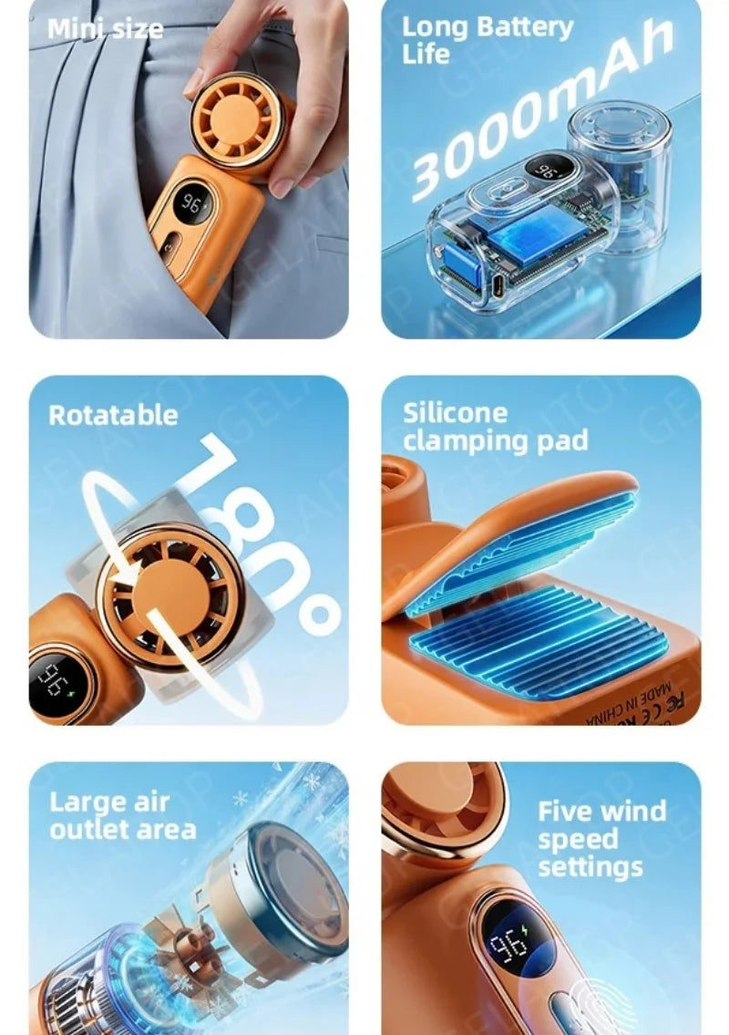 New Mini Fan Handheld Small Portable Fan Cooling Turbo 5 Speeds 3000mAh LED Display 180° Rotatable Clip Type-C Rechargeable Fans