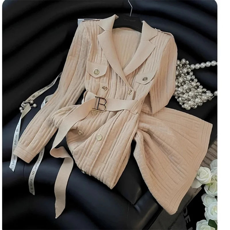 2025 Autumn Winter High-Grade Suit Collar Knitted Dress Women Fashion Double-Breasted Middle Long Over-The-Knee Sweater Vestidos