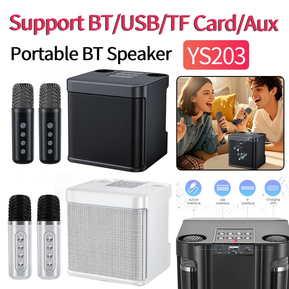 Karaoke Machine with 2 Wireless Microphones Wireless Portable BT Speaker Support BT/USB/TF Card/Aux 1500mAh for Karaoke Party