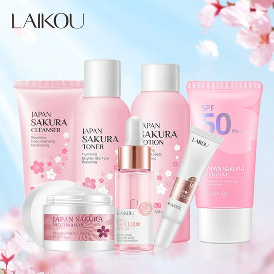 7pcs Sakura Skin Care Set Moisturizing Brightening Sunscreen Cleanser Fine Lines Delay Skin Aging  Nourish Daily Face Care Suit
