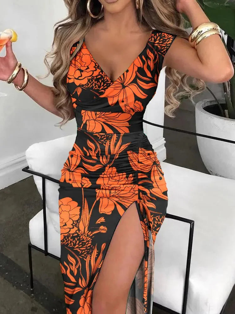 Women Elegant Spring High Split Party Dress 2025 Office Lady V Neck Slim Mid Dress Femme Sleeveless Summer Casual Dress Vestidos