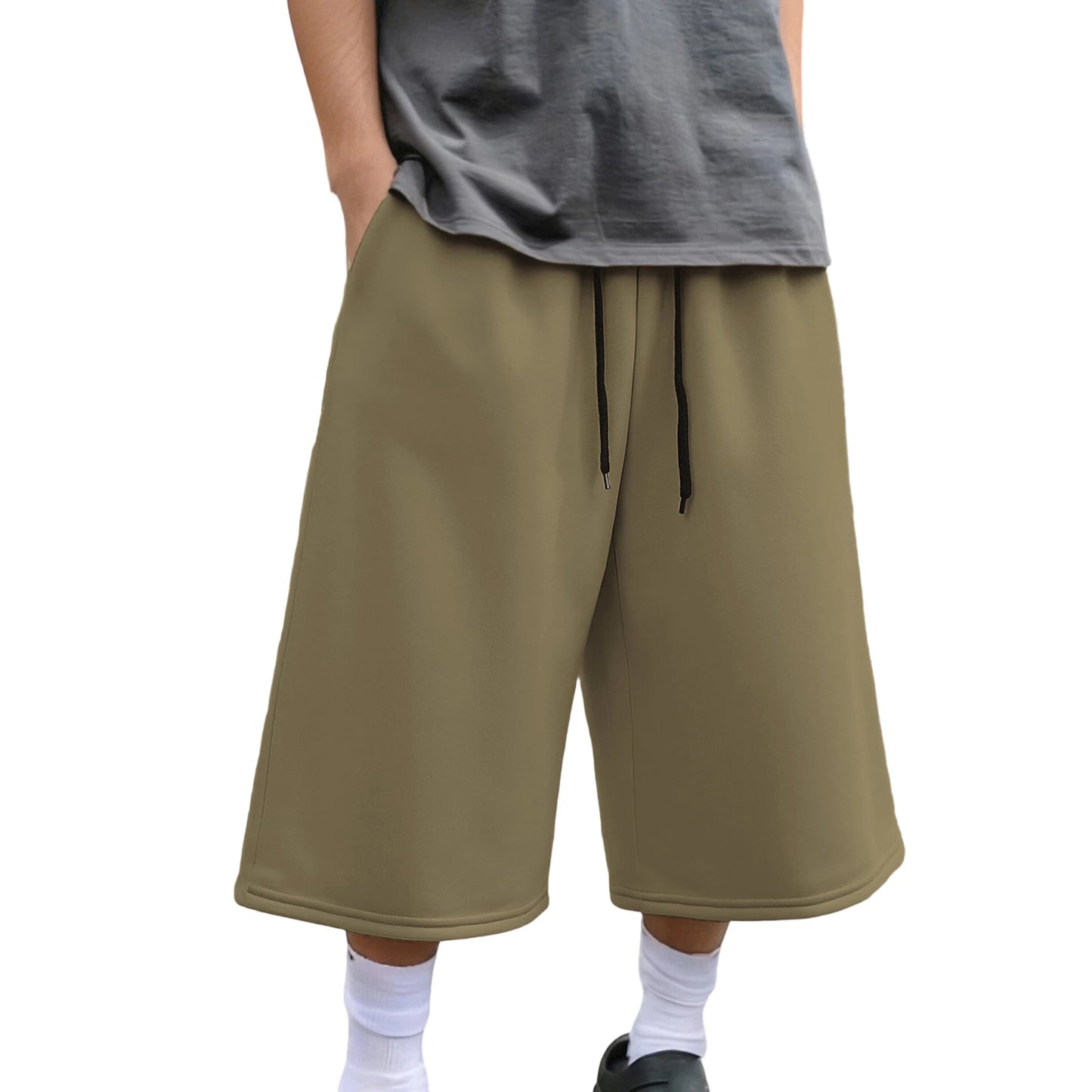 Men's Wide Leg Capri Pants Solid Color Casual 3/4 Length Drawstring Waist Sweatpants with Pockets for Sports, Gym
