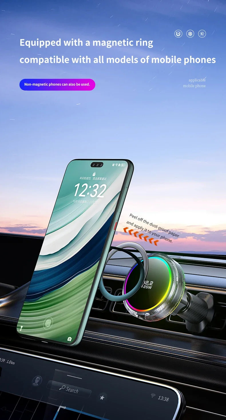 25W Air Cooling qi2.2 Car Magnetic Wireless Charger RGB Light  Phone Holder For Magsafe iPhone 17 16 15 14 13 12 Fast Charging