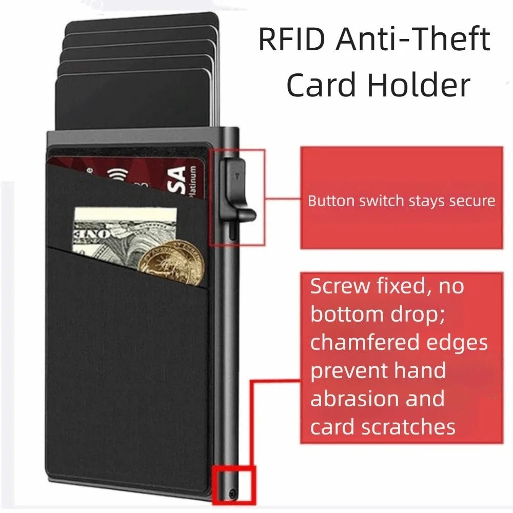 Automatic RFID Anti-Theft Card Holder Screw Reinforcement Metal Box Bottom Men's Card Box Aluminum Alloy Material RFID Blocking