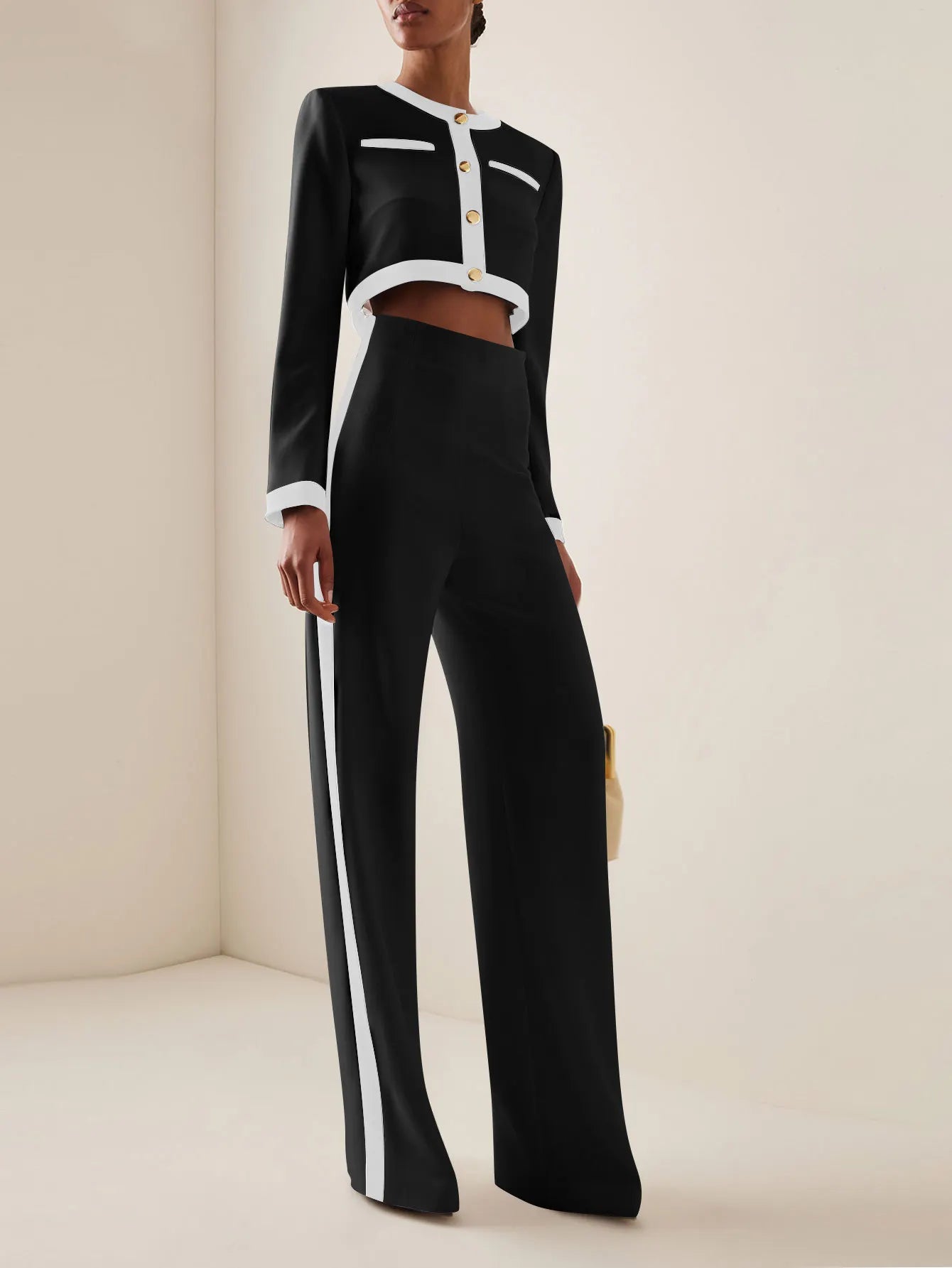 Elegant Women Slim Office Outfit Spring Autumn Fashion Contract Color Show Style Long Sleeve Button Tops & High Waist Pants Suit