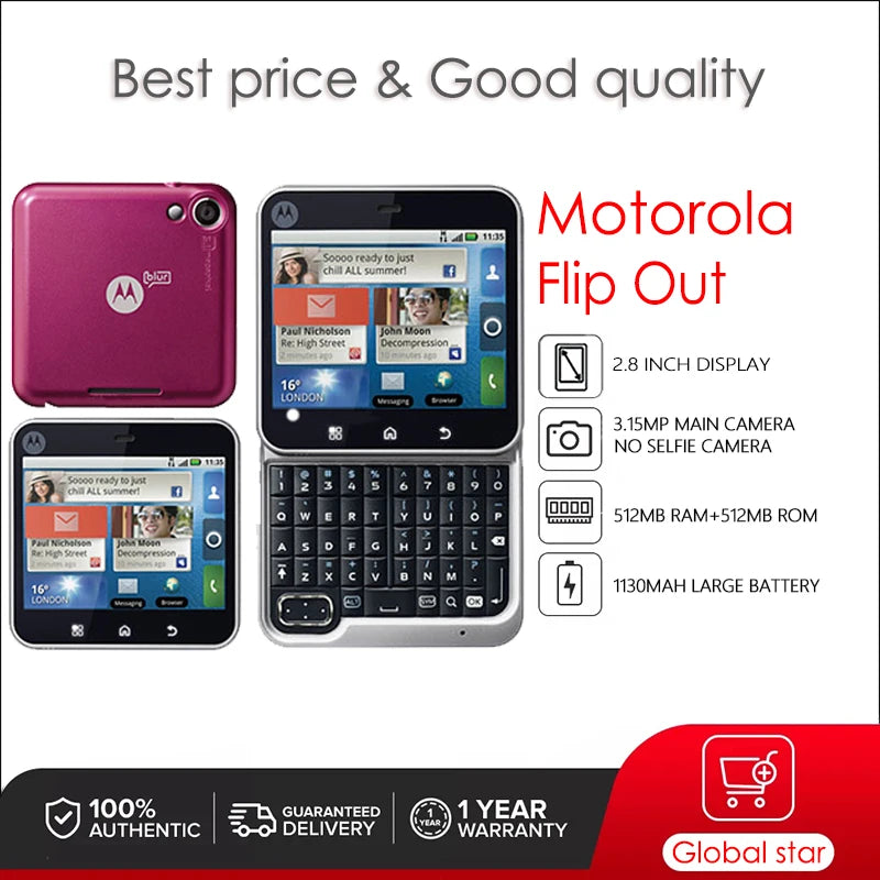 Original Motorola FlipOut MB511 Unlocked Refurbished Mobile Phone GSM 850 / 900 / 1800 / 1900 Good Quality Only Support English