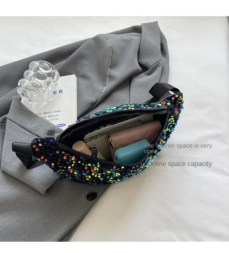 Light Luxury Zipper Fashion Women's Crossbody Bags New Best-selling Sweet Sequin Design Ladies Waist Packs Bolsas Femininas