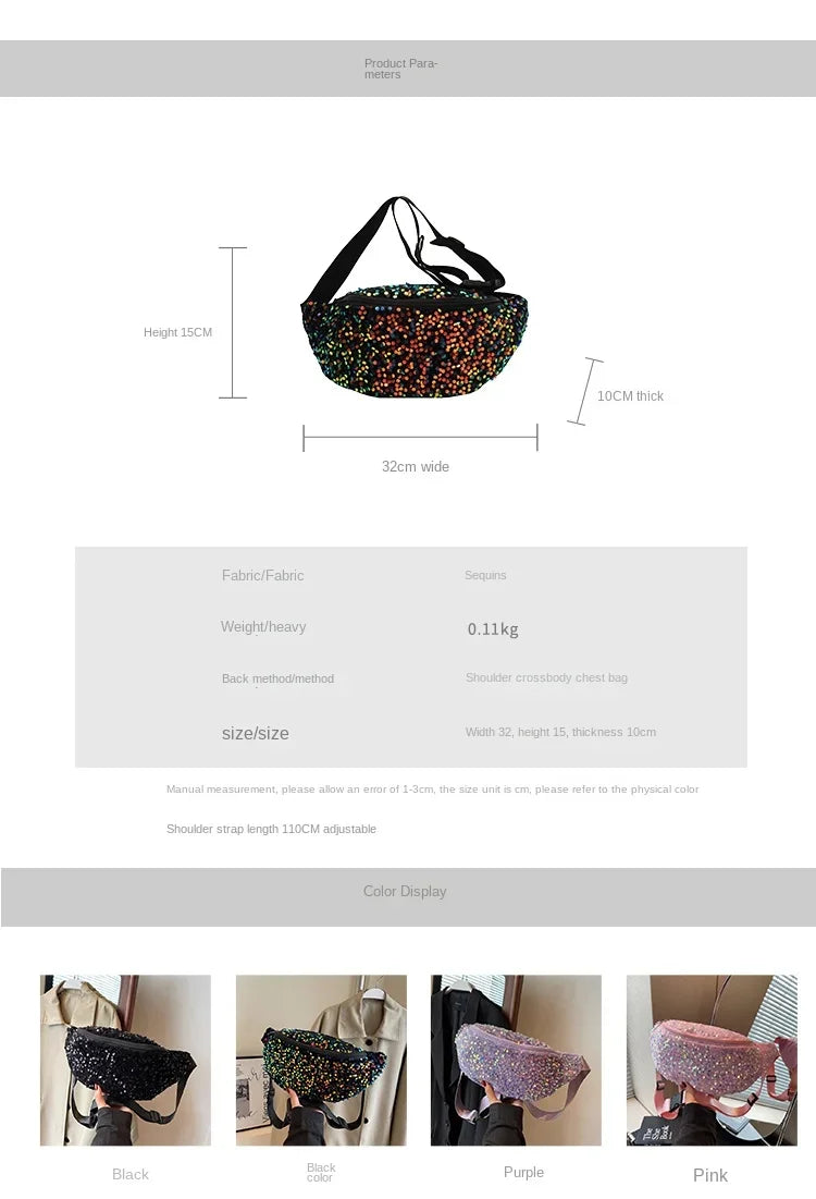 Light Luxury Zipper Fashion Women's Crossbody Bags New Best-selling Sweet Sequin Design Ladies Waist Packs Bolsas Femininas
