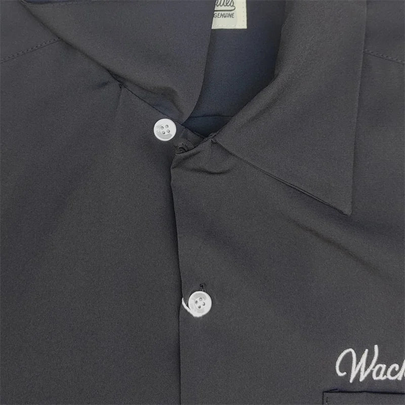 High-end Summer WACKO MARIA Solid Color Cursive wackomaria Embroidery Logo Simple Hawaii Short Sleeve Shirt