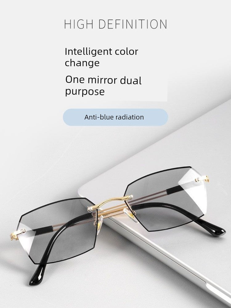 Frameless Business Color-Changing Reading Glasses Men Middle-Aged and Elderly HD Anti-Blue Ray Radiation Indoor and Outdoor Dual-Use Presbyopic Glasses