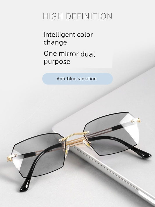 Frameless Business Color-Changing Reading Glasses Men Middle-Aged and Elderly HD Anti-Blue Ray Radiation Indoor and Outdoor Dual-Use Presbyopic Glasses