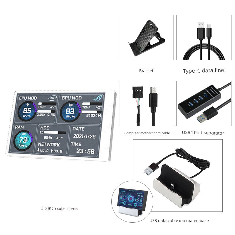 3.5-Inch Computer Sub-Screen IPs Full View USB-C Chassis Sub-Screen Computer Status Monitoring Installation-Free Aida64