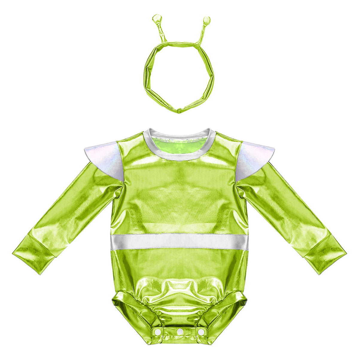 Toddler Boys Girls Metallic Alien Dress-up Costume Jumpsuit Halloween Outer Space Party Cap Sleeve Shiny Romper for Photography