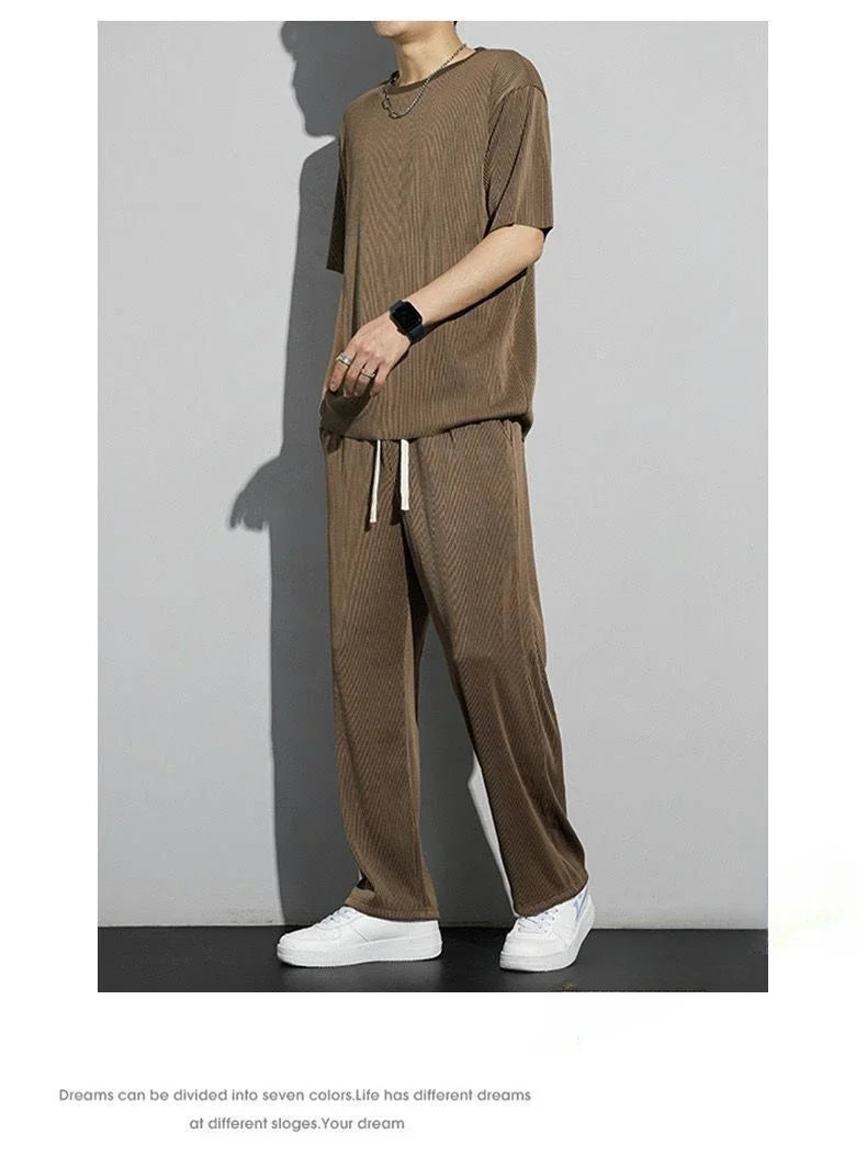 Men's Wrinkled Ice Silk Sports Set 2026 Summer New Short sleeved Long Pants Two piece Set Fashionable Breathable and Cool