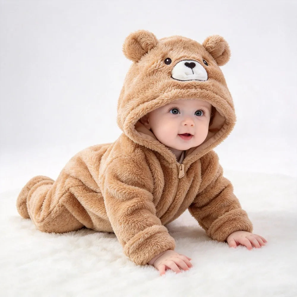 Baby Animal Onesie 0-12M Panda Bunny Bear Hooded Plush Romper Soft Warm Coral Fleece Jumpsuit Newborn Bodysuit Winter Costume