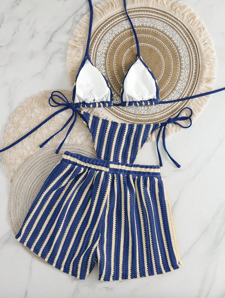 3pcs/Set Bohemian Style Crochet Fabric Drawstring Swimsuit Cover Up Bikini Set For Summer Beach Vacation