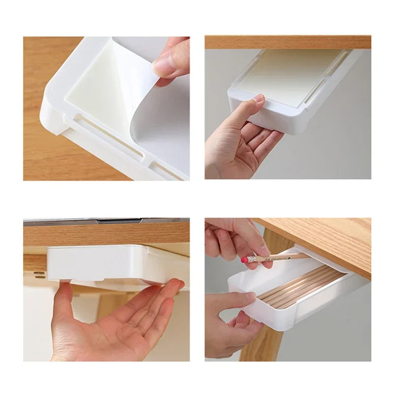 White Self-Adhesive Storage Drawer Box Makeup Pencil Tray Desk Hidden Under Desk Stand Self-adhesive Under-drawer Storage Boxes