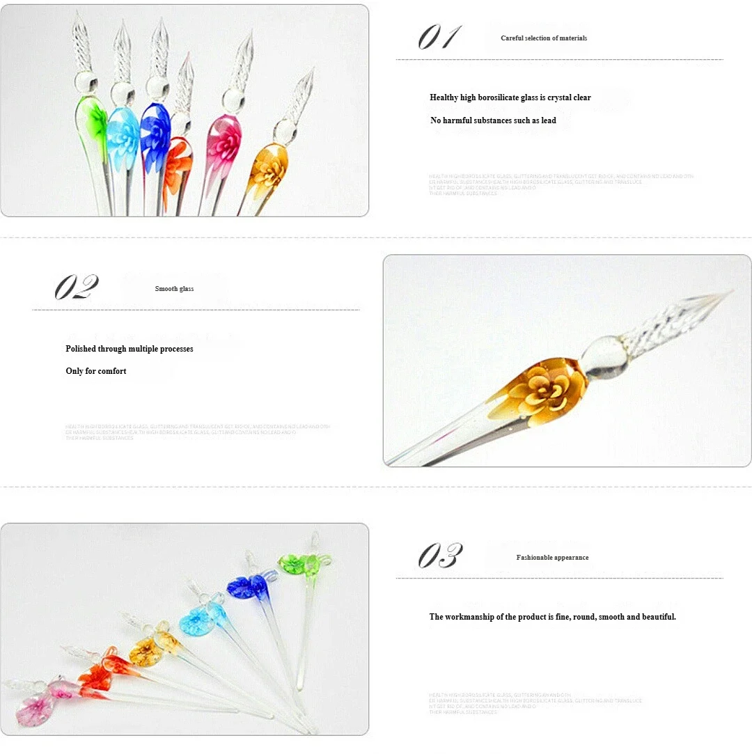Embedded flower glass pen set, colored dipping pen, street vendor gift box, signature pen, glass pen gift