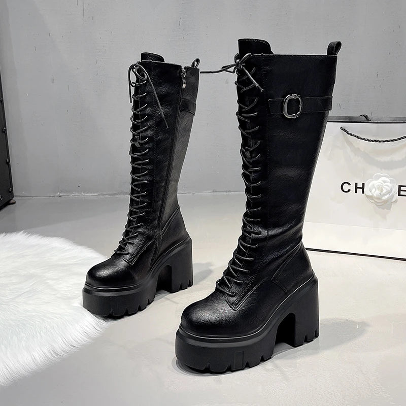 Knee High Women's Boots Lace Up High Heels Shoes Platform Chelsea Boots Winter 2025 Sexy Snow Long Boots Zip Pumps Mujer Botas