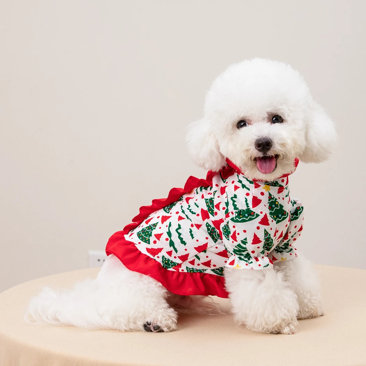 Pet Christmas Dress Xmas Tree Printed Ruffle Skirt Puppy Holiday Outfit Cute Pet Party Costume for Small Medium Dogs Cats Teddy